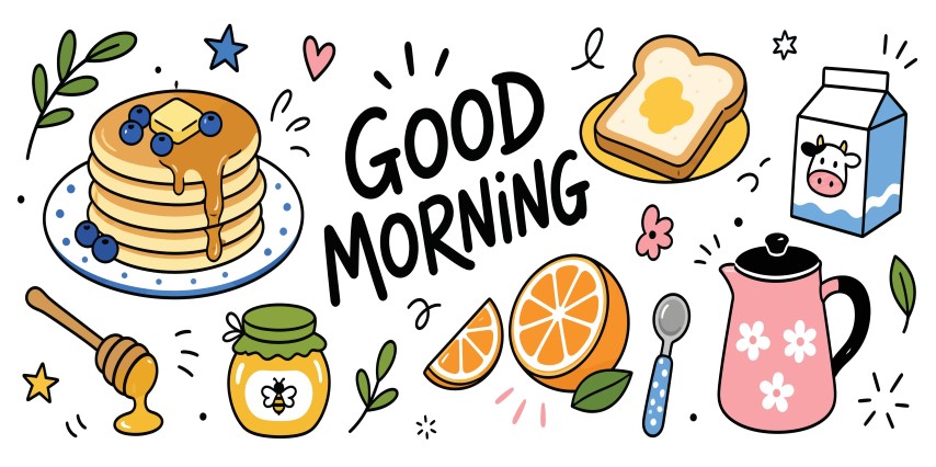 Good morning breakfast setup with pancake stack toast milk and coffee.