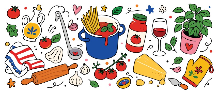 Traditional Italian Cooking Ingredients Set with Pasta and Tomatoes.