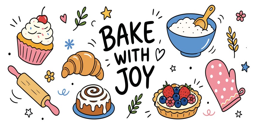 Baking Essentials and Fresh Pastry Set with Desserts.