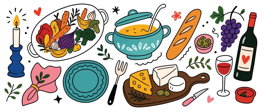 Cozy Gourmet Dinner Setup With Red Wine Cheese Platter Roasted Vegetables And Warm Soup.
