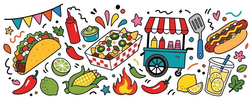 Street Food Fast Food Tacos Hotdog and Nachos Set.