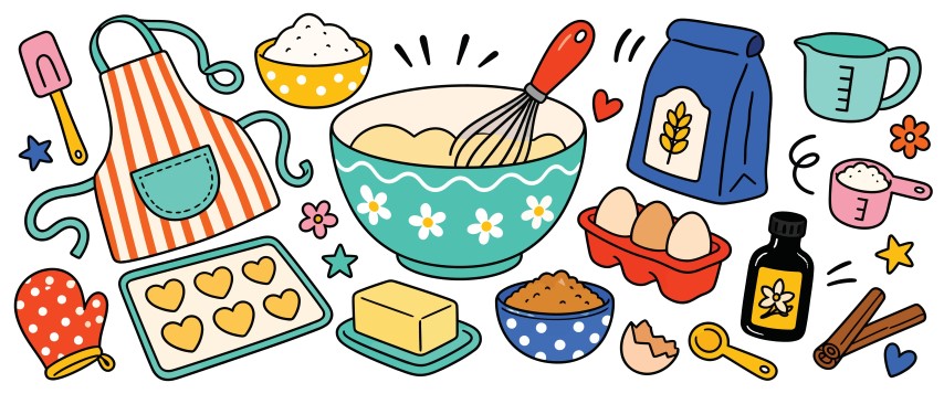Home Baking Essentials Kitchen Utensils and Dough Ingredients.
