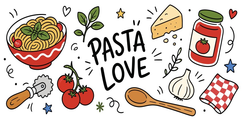 Delicious Italian Pasta Ingredients Concept With Fresh Tomatoes Garlic And Cheese.