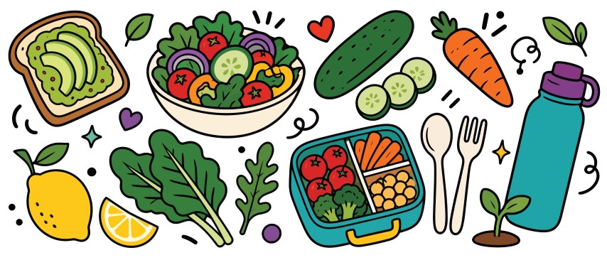 Healthy Lunch Box Set Featuring Fresh Salad Vegetables Avocado Toast And Water Bottle.