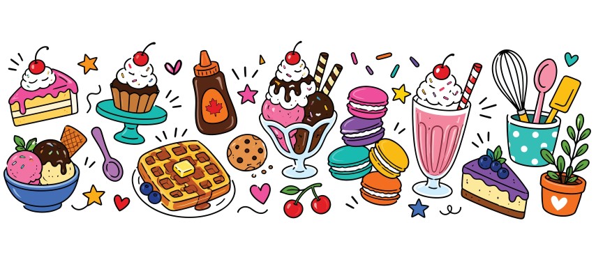 Assorted Sweet Treats Collection Featuring Waffles Sundae Milkshake Ice Cream And Cupcakes.