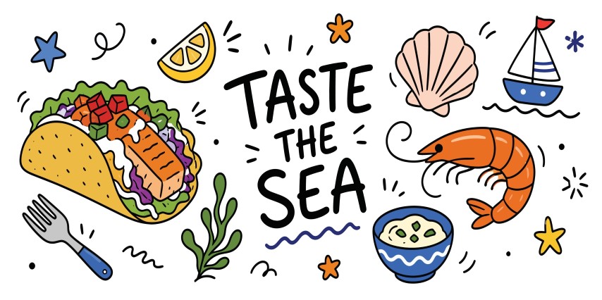 Seafood Feast Concept Featuring Crispy Salmon Taco Fresh Shrimp Chowder And Ocean Accents.
