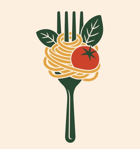 Spaghetti pasta wrapped on a fork with fresh tomato and basil leaves icon.