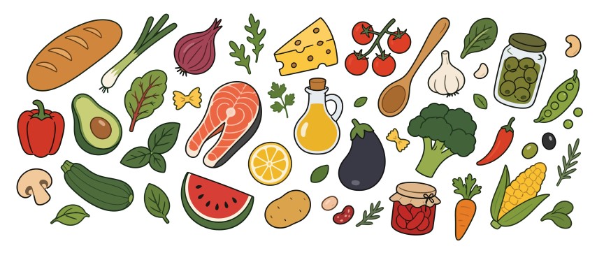 Comprehensive Fresh Grocery Collection Featuring Salmon Steak Cheese Vegetables Bread And Oil.