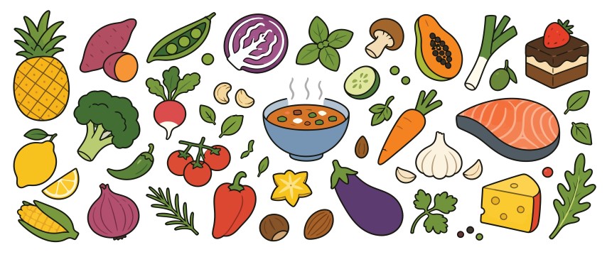 Assorted fresh healthy organic food set with vegetables fruit fish soup and ingredients on background.