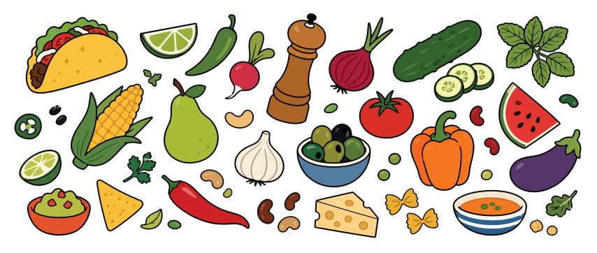 Mexican food and fresh cooking ingredients collection with tacos guacamole vegetables and spices on background.