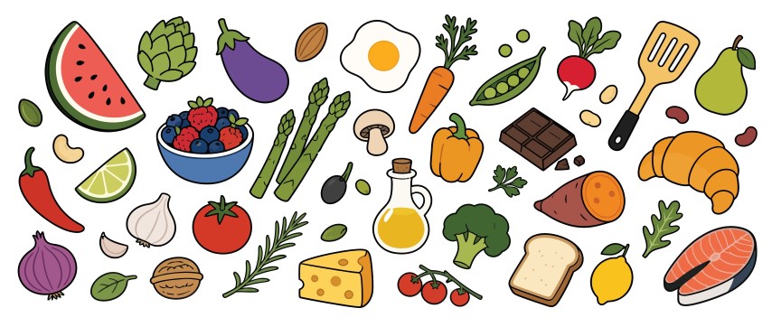 Healthy eating and fresh produce set featuring fruits vegetables berries salmon cheese and kitchen utensil.