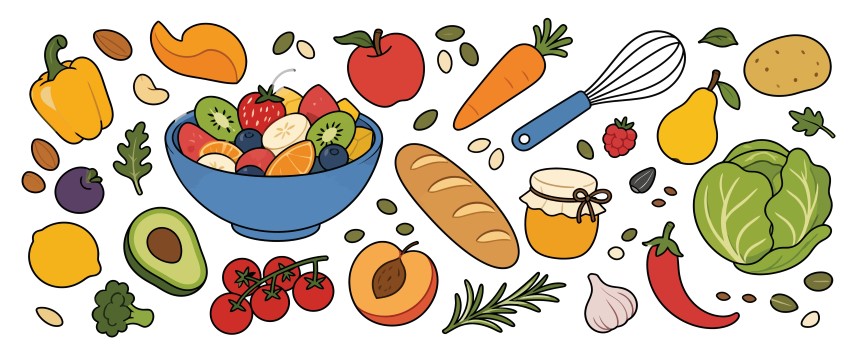 Fresh organic food and fruit bowl set with bread vegetables honey whisk and kitchen items.