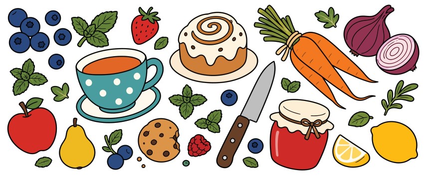 Cozy tea time and baking set with cup berries cinnamon roll carrots jam knife and lemon.