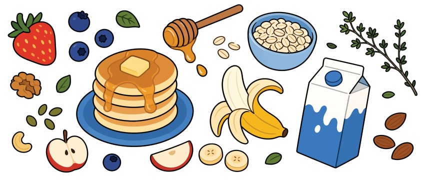 Delicious breakfast pancakes set with syrup honey banana oatmeal milk berries and nuts on background.
