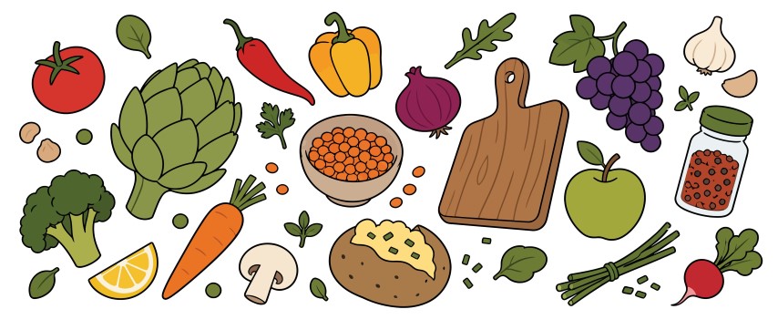 Fresh raw ingredients and cooking utensils set with vegetables fruits cutting board and spices.