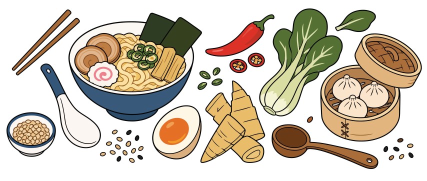 Traditional asian ramen noodle soup and Asian culinary ingredients.