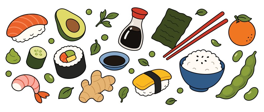 Japanese sushi and Asian cuisine set with rolls nigiri soy sauce rice chopsticks and ingredients.