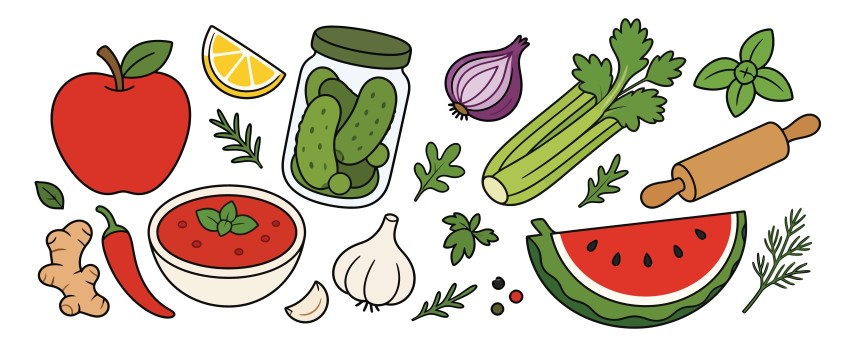 Traditional fresh ingredients and homemade soup preparation elements.