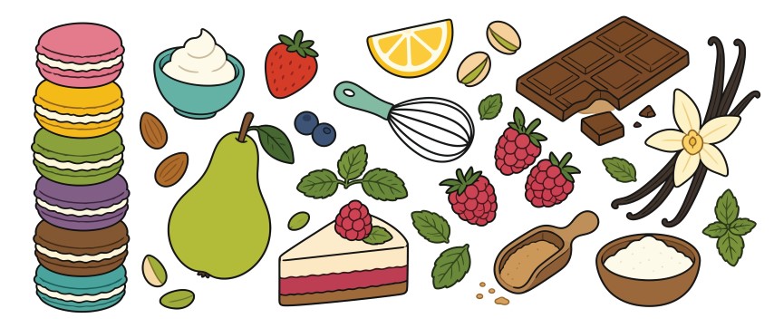 Sweet bakery desserts and colorful baking ingredients set.