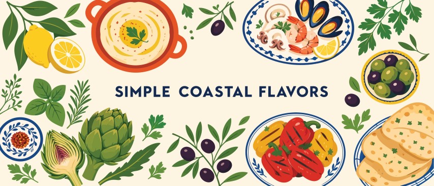 Fresh Coastal Food Arrangement With Seafood Vegetables And Bread.