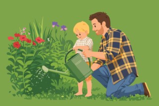 Father and daughter watering garden plants together with a watering can.