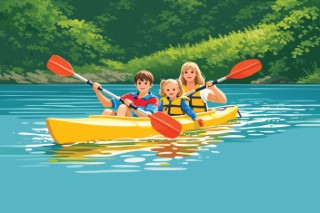 Happy family rowing a yellow boat on a calm river surrounded by forest.