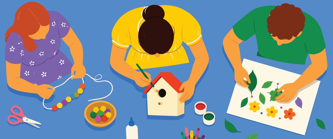 Children Making Crafts by Beading, Painting a Birdhouse and Flower Collage.
