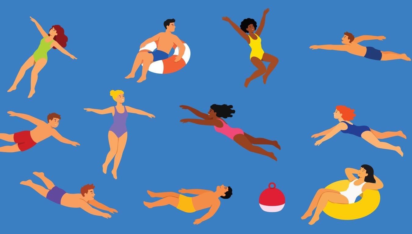 Group of swimmers enjoying the water with floats and a lifebuoy on a blue background.