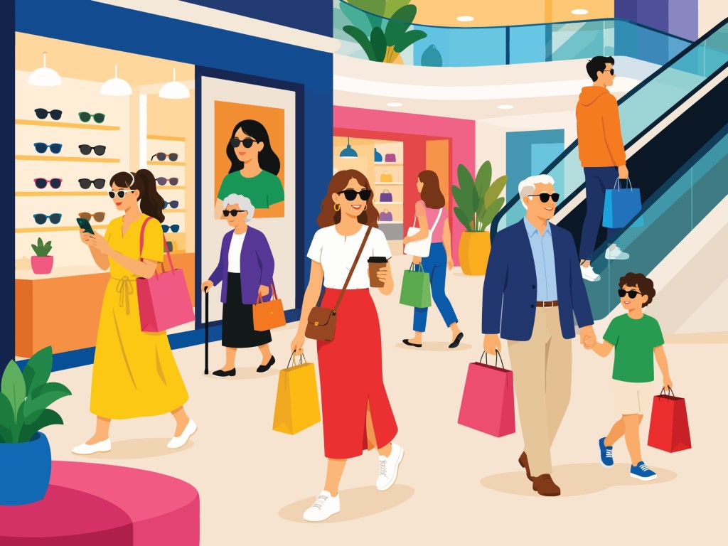 Busy shopping mall with diverse shoppers of all ages carrying bags past a sunglasses store.