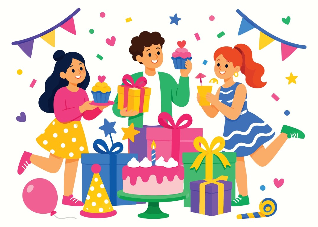 Cheerful friends celebrating a birthday party with cake, gifts, cupcakes, and confetti.