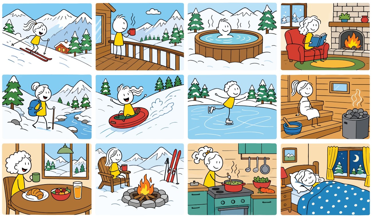 Collection of winter holiday scenes featuring ski resort activities and cozy indoor relaxation in mountain settings.