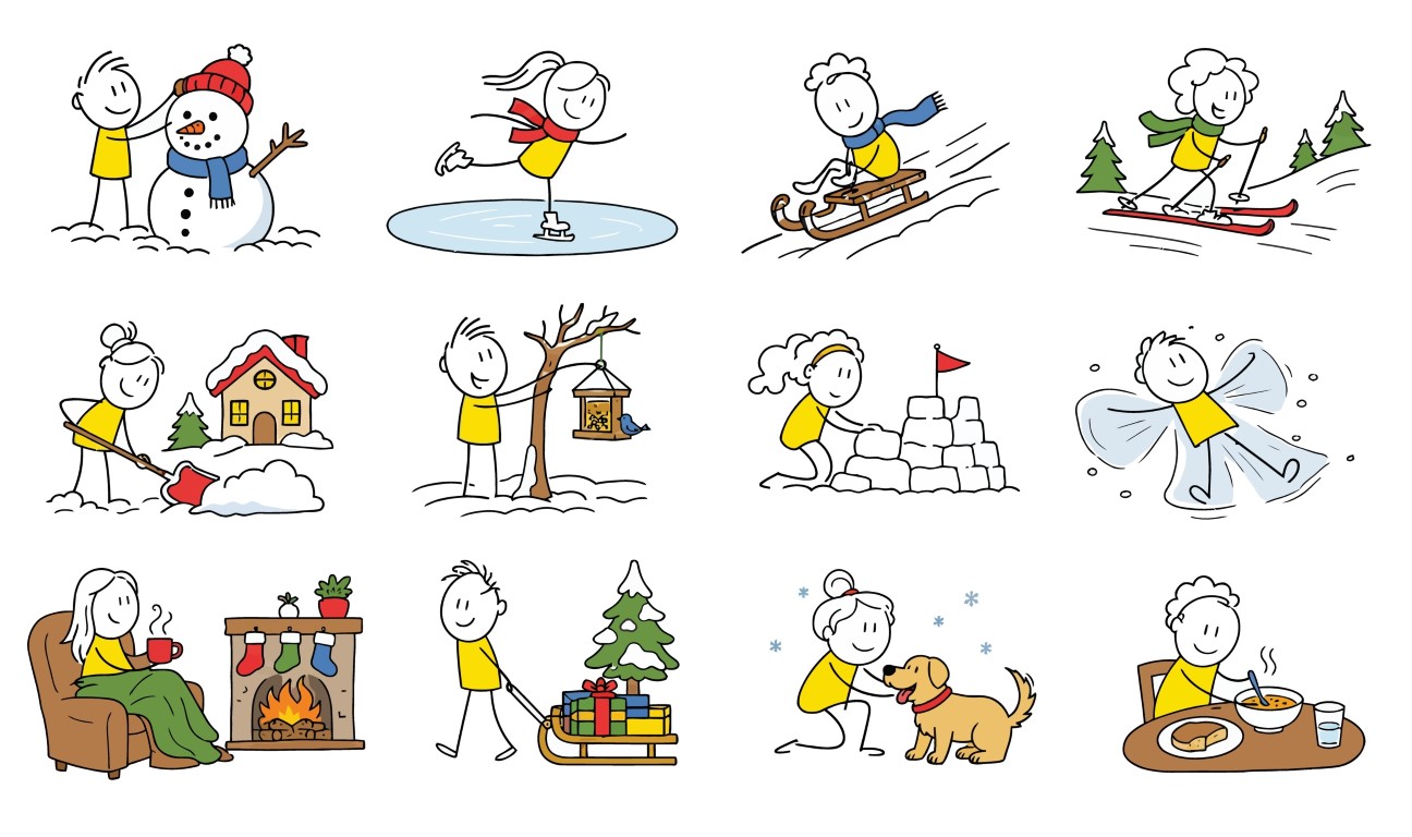 Collection of cheerful winter activity scenes including snow play, holiday traditions, and seasonal indoor coziness.