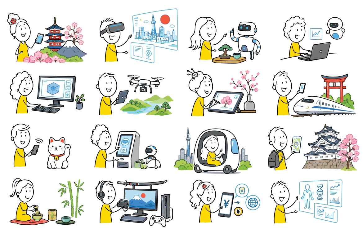Collection of people experiencing modern technology and traditional Japanese culture in various everyday scenarios.