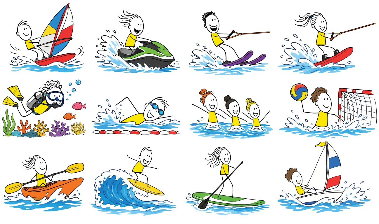 Collection of active people enjoying a variety of water sports and aquatic competitions in the open water and pool.