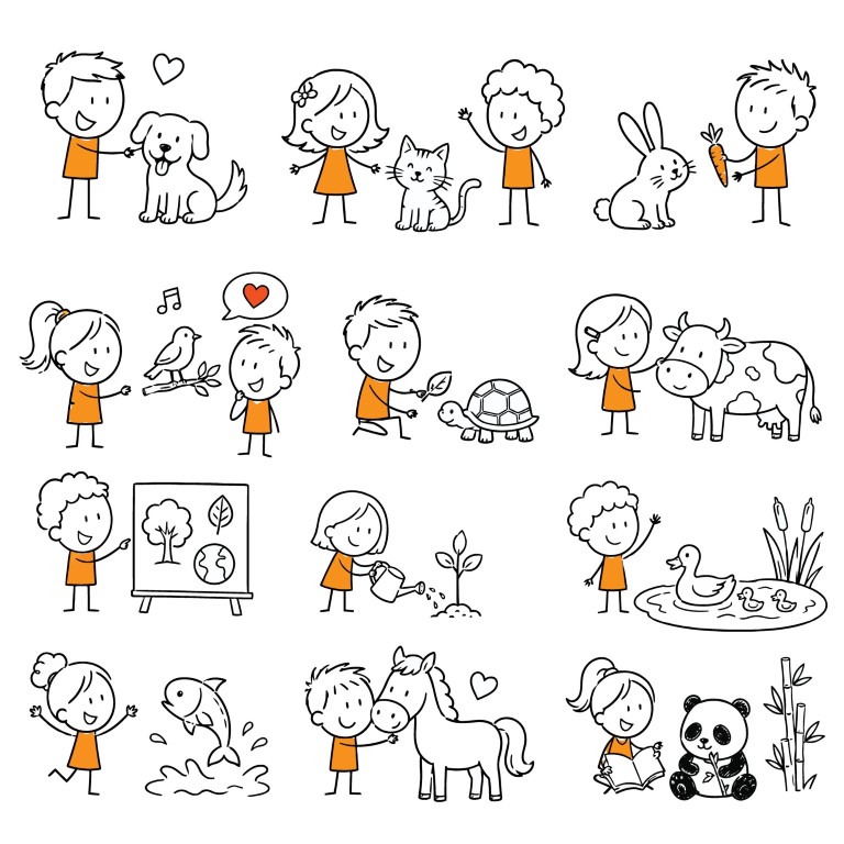 Collection of children bonding with various domestic and wild animals in warm and playful everyday scenes.