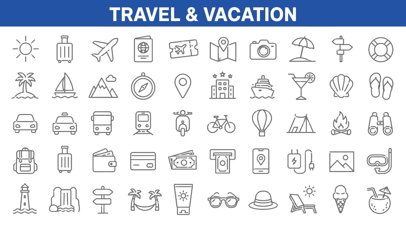 Travel and summer vacation elements linear icons set collection.