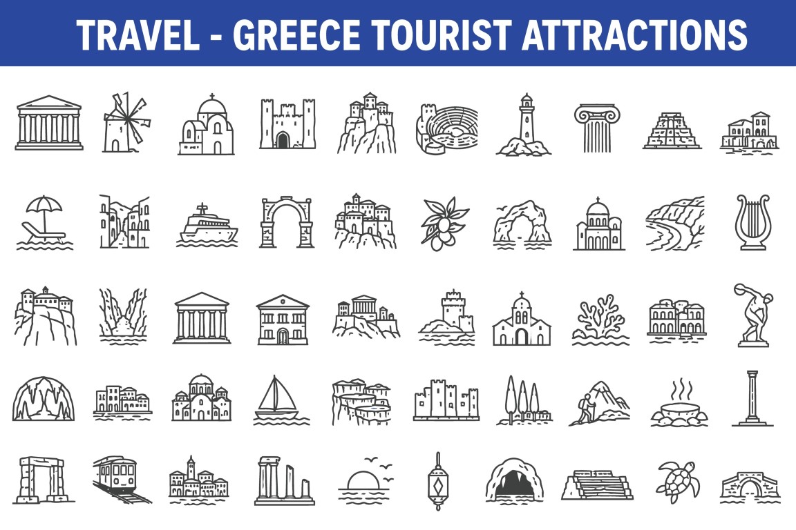 Travel destination Greece ancient landmarks and cultural tourist attractions outline icons set collection.