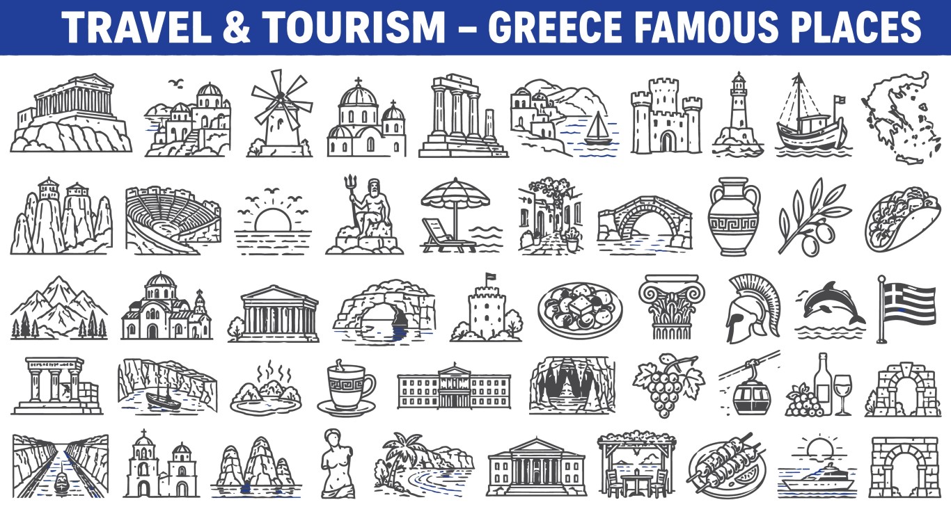 Greece famous places cultural travel highlights and traditional cuisine icons set collection.