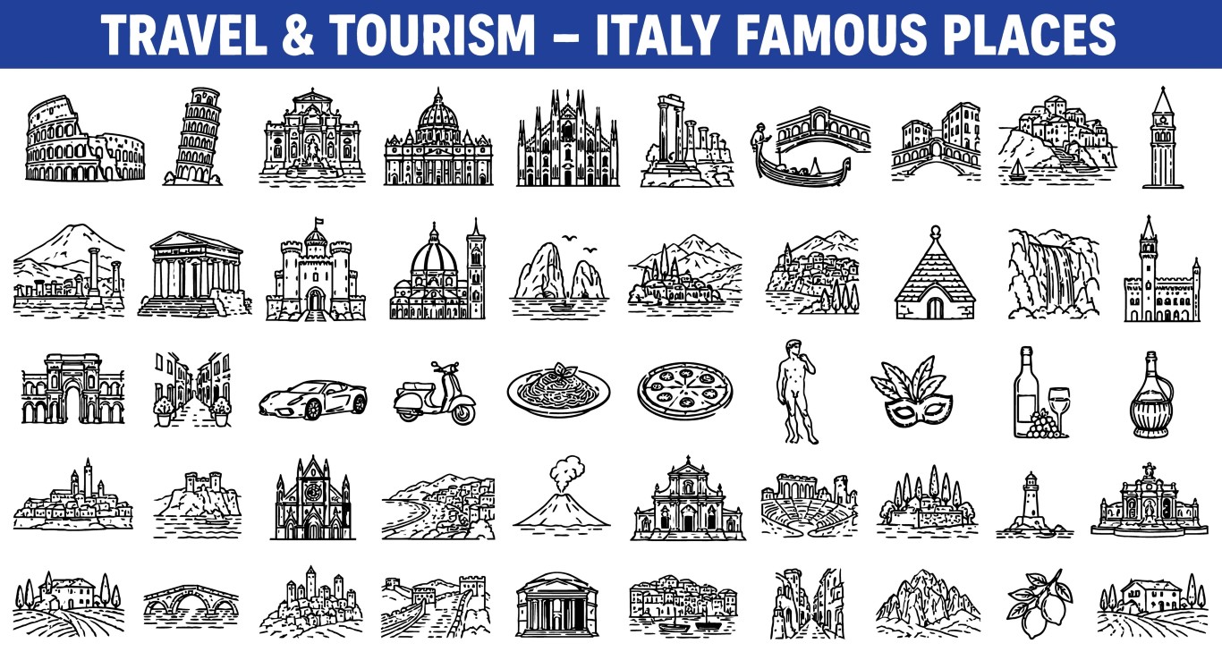 Famous landmarks and historical monuments of Italy icons set collection.