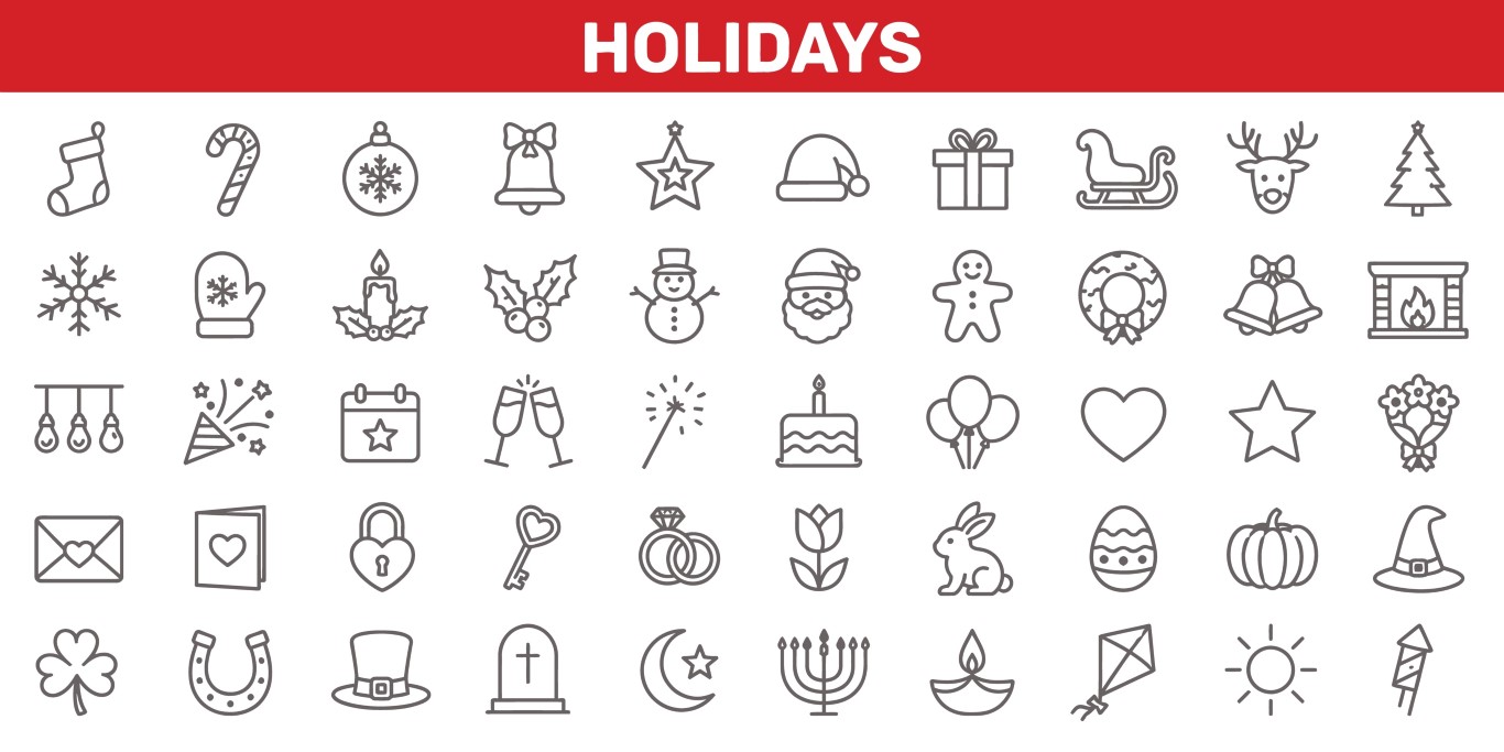 Holiday celebration and festive traditions icon set.