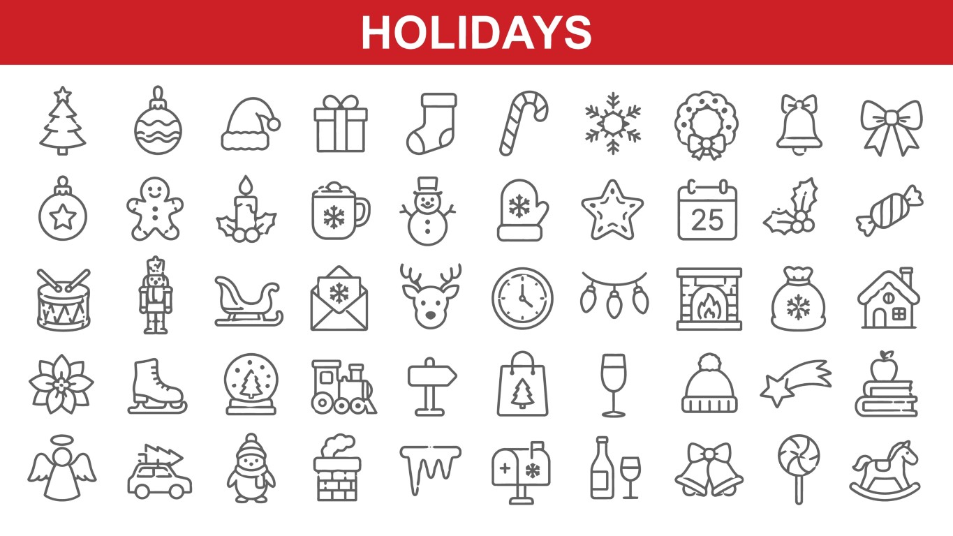 Holiday celebration and festive decoration icon set.