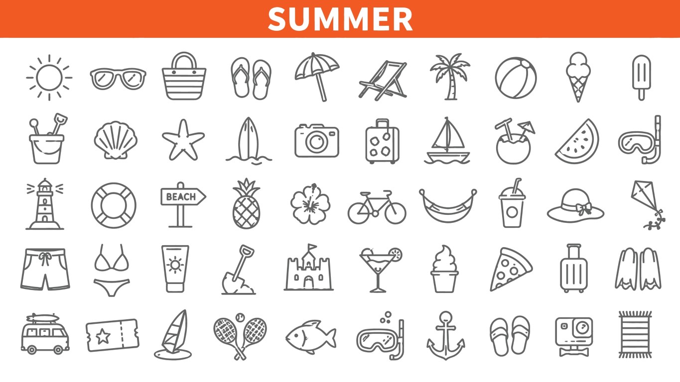 Summer vacation and beach leisure icon set.
