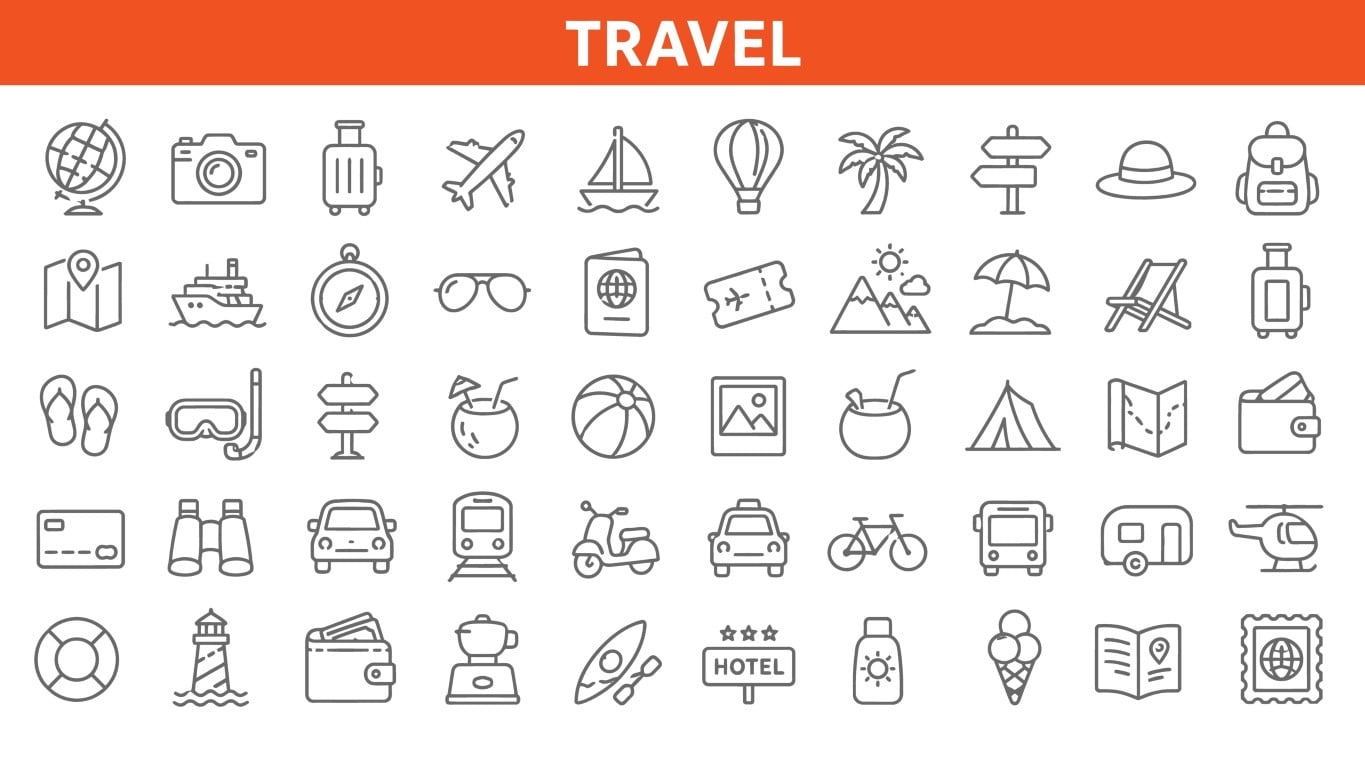 Travel and tourism adventure exploration icon set.