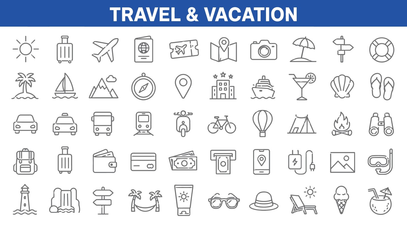 Travel vacation and holiday leisure activities icon set.