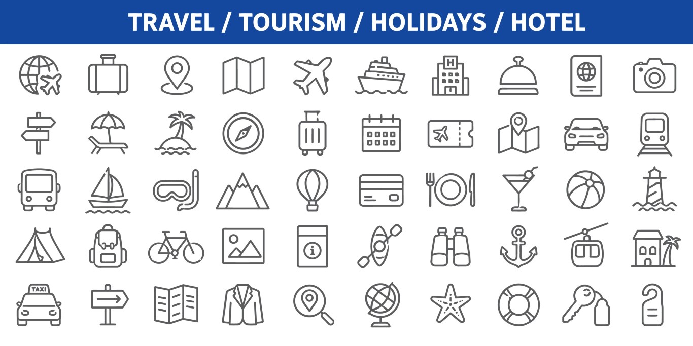 Travel tourism holidays and hotel accommodation icon set.