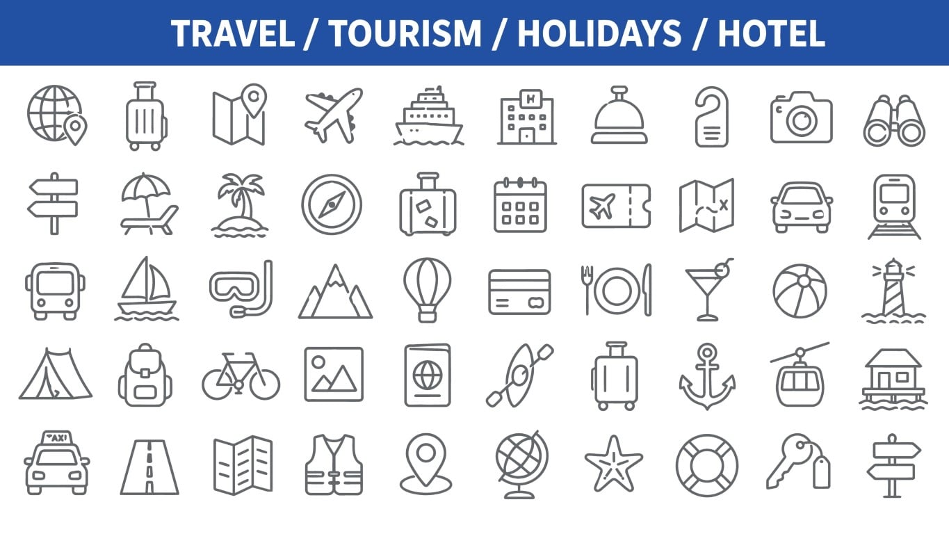 Travel tourism holidays and hotel services icon set.
