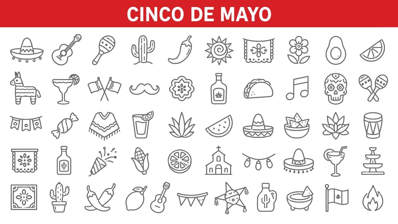 Cinco de Mayo Mexican celebration tradition icon set.
