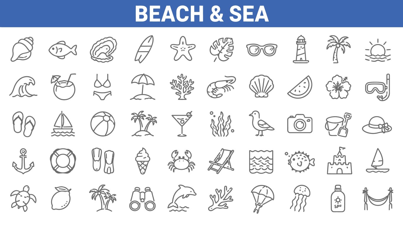 Beach and sea ocean leisure activities icon set.