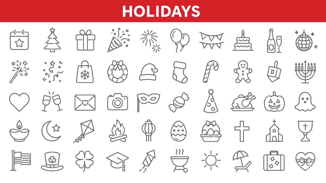 Holiday celebration and seasonal festival icon set.
