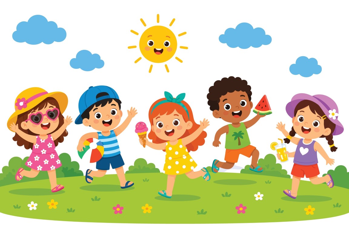 Happy diverse young children running and playing together on a hot summer day.